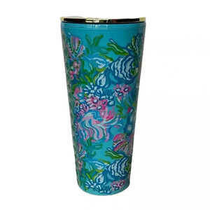 LILLY PULITZER 24 oz Double Wall Blue, Green Pink Tumbler w/Gold Lid -‎ No Straw